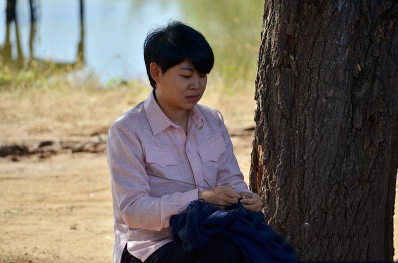 沈春阳在树下缝衣服
